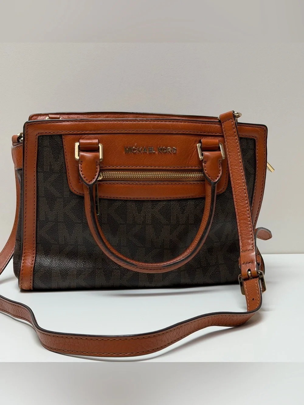 Michael Kors Brown & Tan Logo Satchel with Gold Hardware